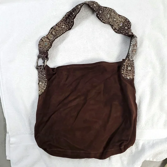 Leatherrock USA brown hobo suede purse with decorative strap. - Picture 1 of 5